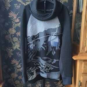 Tonia Debellis Skii Winter Theme Black Cowl Neck Sweater Size XL